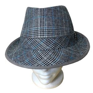 Who Ced Shaw Fedora Hat Sz M Gray Blue Plaid Wool Blend Suede Trim Hipsters